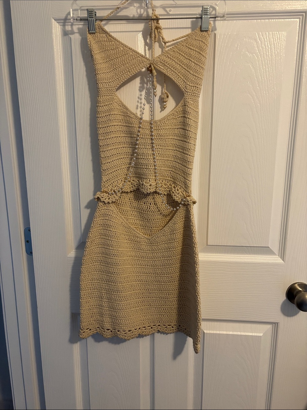 Beige Crochet Cutout Mini Dress with Ruffle Waist